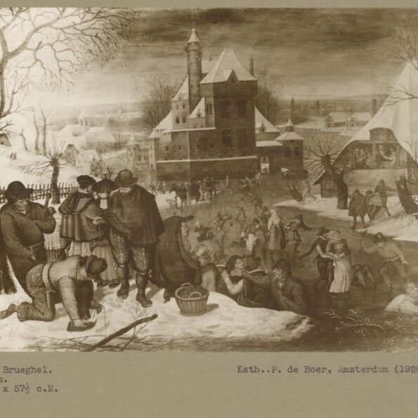 black and white image of a painting showing figures ice-skating, mounted on tan paper with typewritten caption