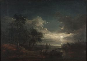 Eye-level view of river landscape by moonlight