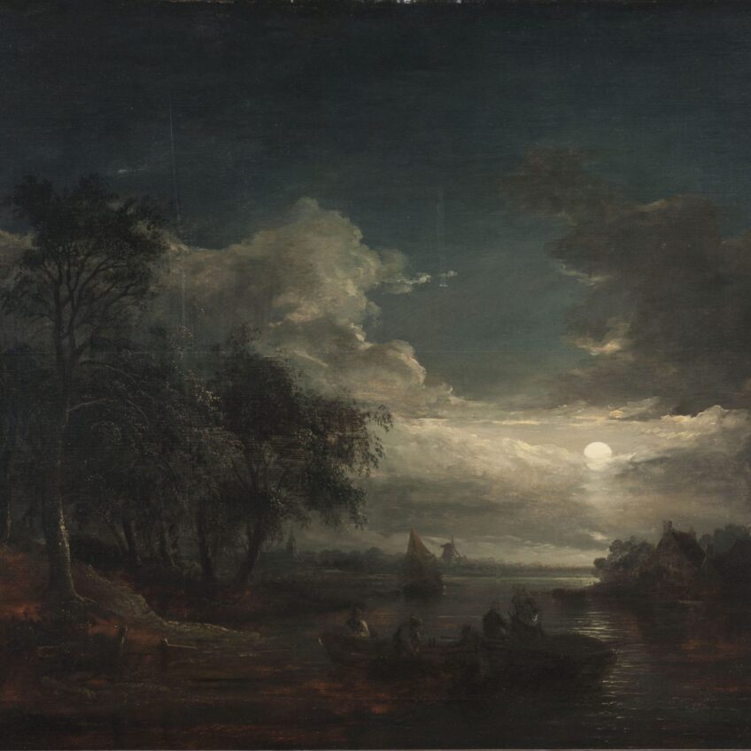 Eye-level view of river landscape by moonlight