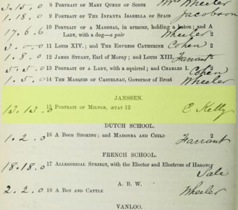 Page from an auction catalogue with handwritten annotations in black ink along the margins indicating prices and buyers names, highlighted section reading "no. 15, Janssen, Portrait of Milton, Aetat 12"