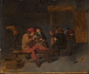 Scene at eye level view of male peasants in a tavern, three seated in the foreground