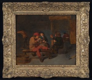 Painting in ornamental gilded frame showing male peasants in a tavern, three seated in the foreground smoking