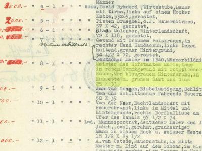 detail of a typewritten inventory sheet with highlighted section and handwritten annotations in red along left margin indicating prices