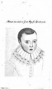 Front view, bust-length printed portrait of boy looking straight at us