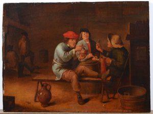 Unframed painting of male figures in a tavern