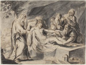Front view of mourners at entombment of Christ